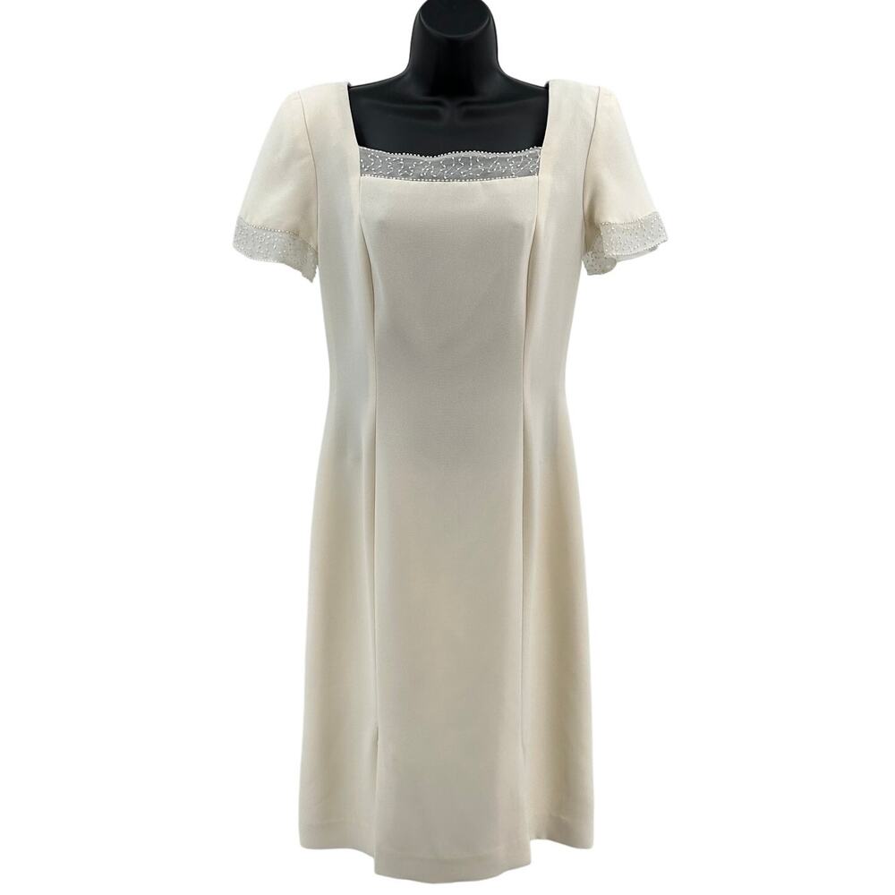 Donna Morgan Dress WMNS 8 Cream Lace Trim Short Button Back Square Neck Formal